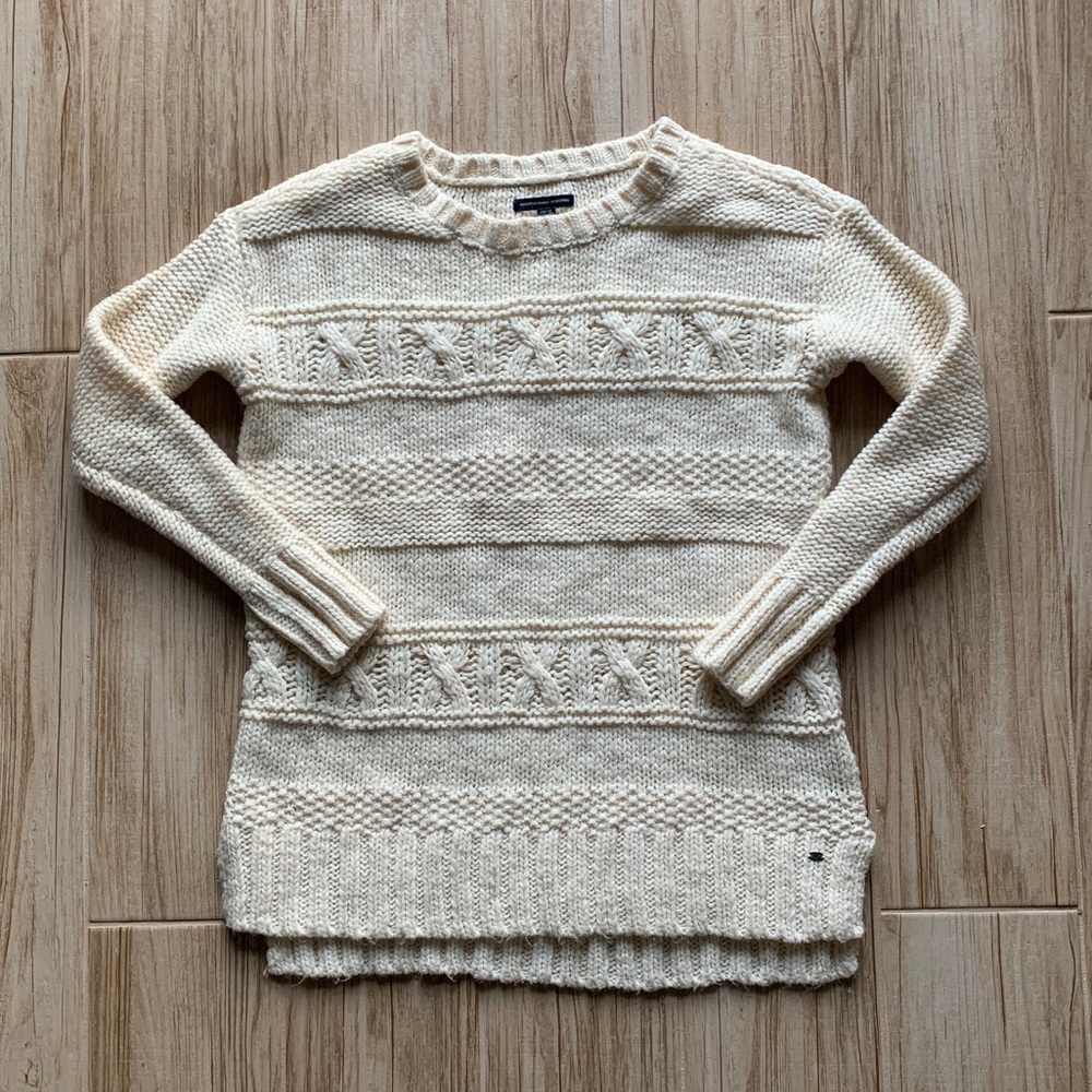 AEO oversized cream cable-knit crewneck sweater